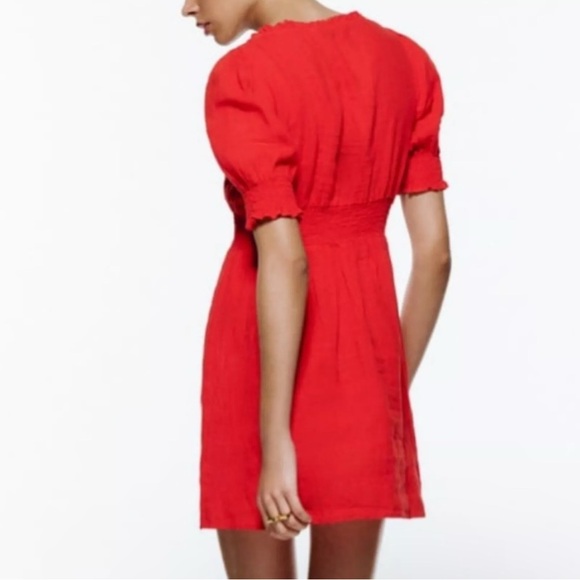 Zara Red Linen SS Shift Smocked Back Dress Women Sz L Decorative Front Button - Picture 2 of 13